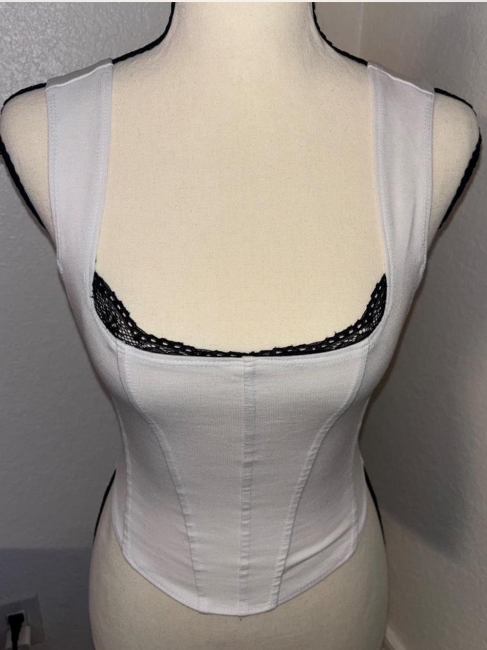 Women's White Corselette Tank Top with Black Lace Trim
